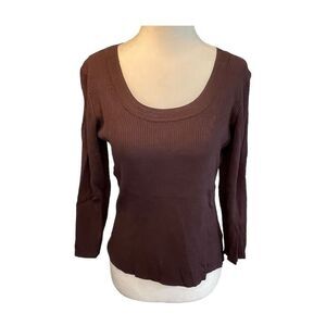 Worthington Ribbed Knit Top Chocolate Brown Scoop Neck 3/4 Length Sleeves M